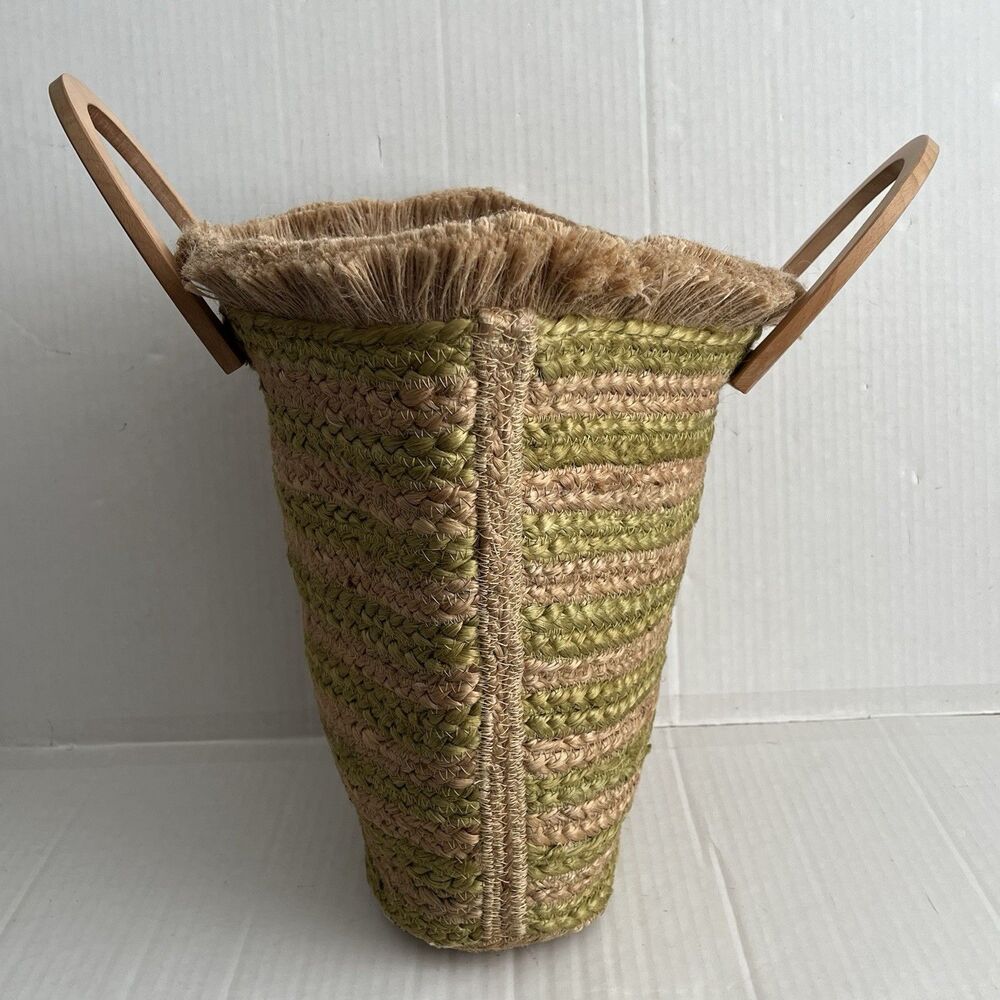 ANTIK KRAFT Woven Jute Tote Bag Wood Handles Beach Boho Market Basket Coastal - Picture 9 of 16
